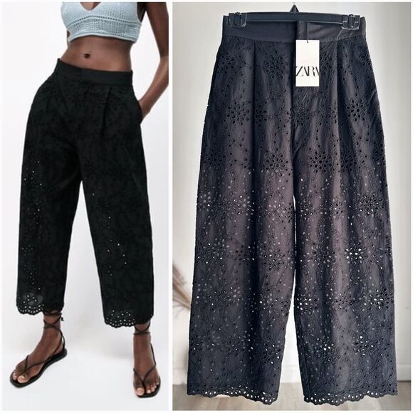 Zara Pants - Zara Embroidered Openwork Cropped Boho Pants Black New